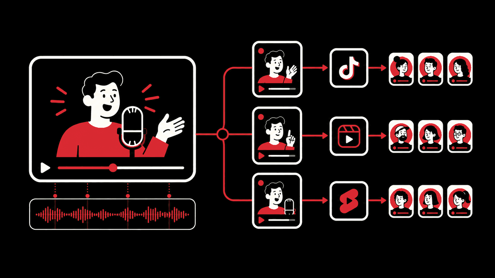 Diagram showing one long-form source becoming short clips distributed across TikTok, Instagram Reels, and YouTube Shorts